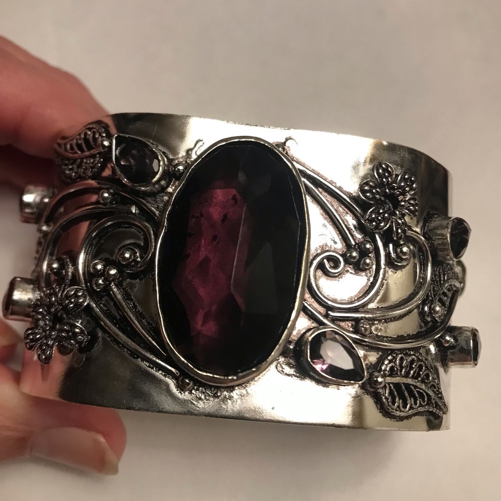 Amethyst Stamped Solid 925 Sterling Silver Cuff Bracelet